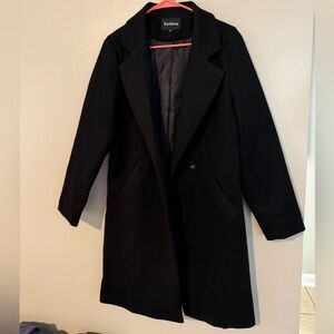 Black Women’s Medium Winter Wool Coat Casual Notch Lapel Single-Breasted Peacoat